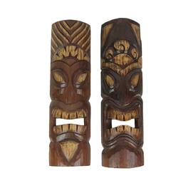J.D. Yeatts - Set of 2 Hand Carved Wood Sun and Flower Polynesian Tiki Masks 20 Inches High - Brown