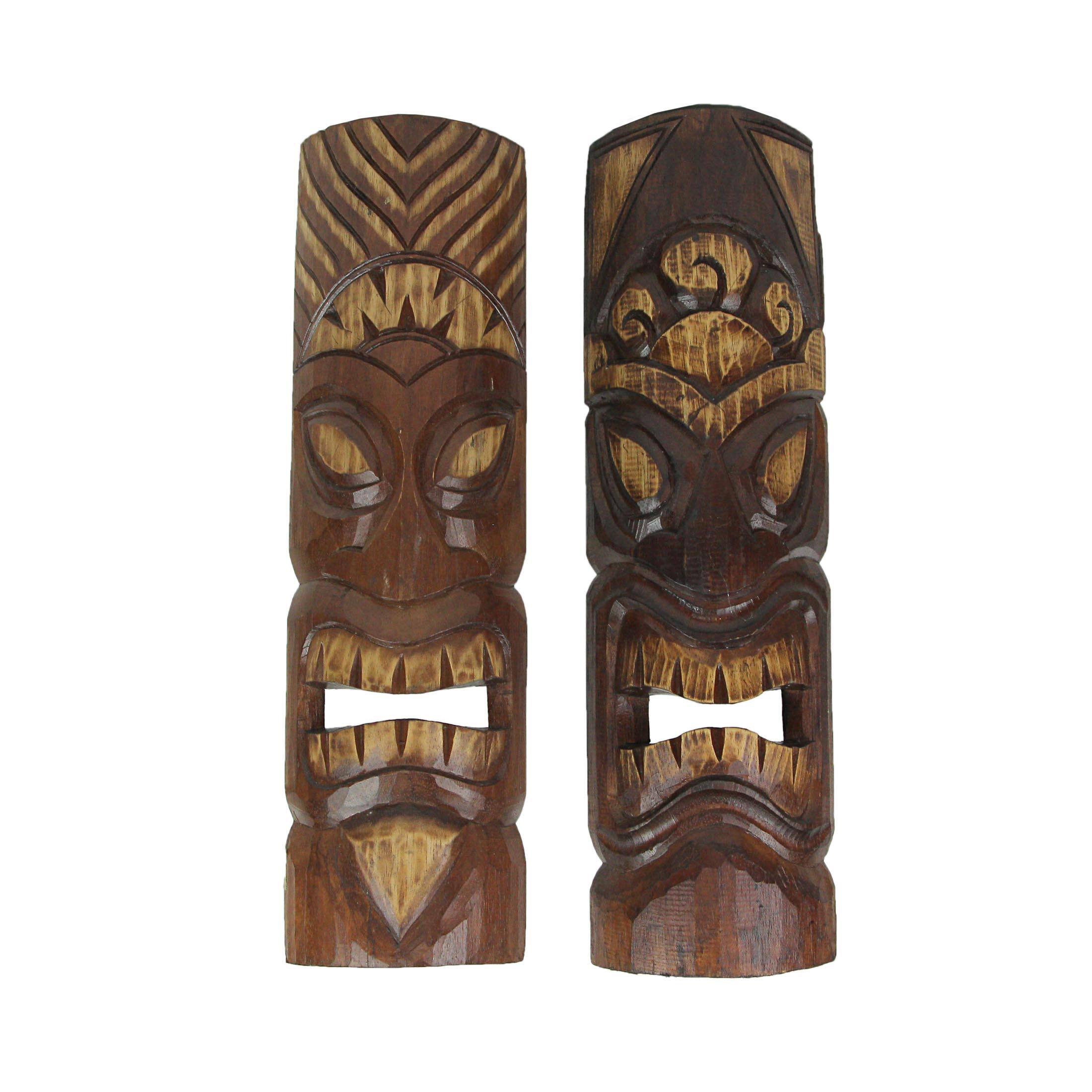 Front. J.D. Yeatts - Set of 2 Hand Carved  Wood Sun and Flower Polynesian Tiki Masks 20 Inches High - Brown.