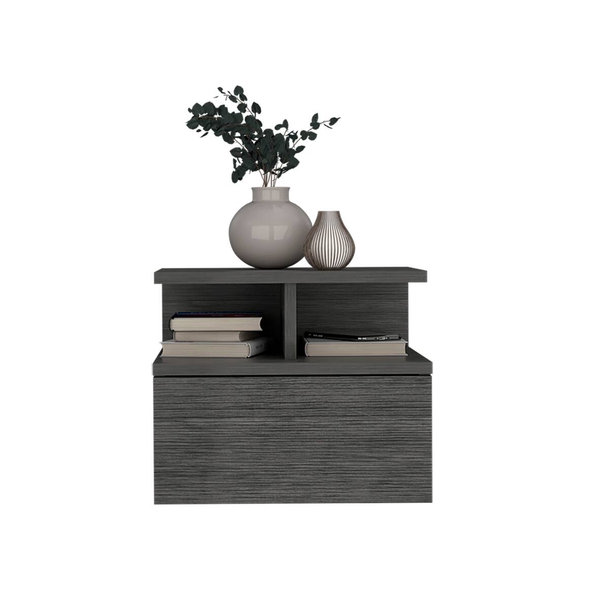 Alt View 1. Loheer - Loheer Floating Nightstand Smokey Oak Wall Mounted Bedside Table with Single Drawer and Two Tier Shelf - Smokey Oak.