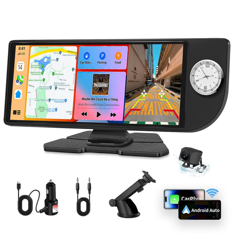 Wrightmaster - 10.26" Android Auto & Apple CarPlay Digital Media Receiver with HD Rear Camera, Adhesive Sticker & Suction Mount Bracket - Black