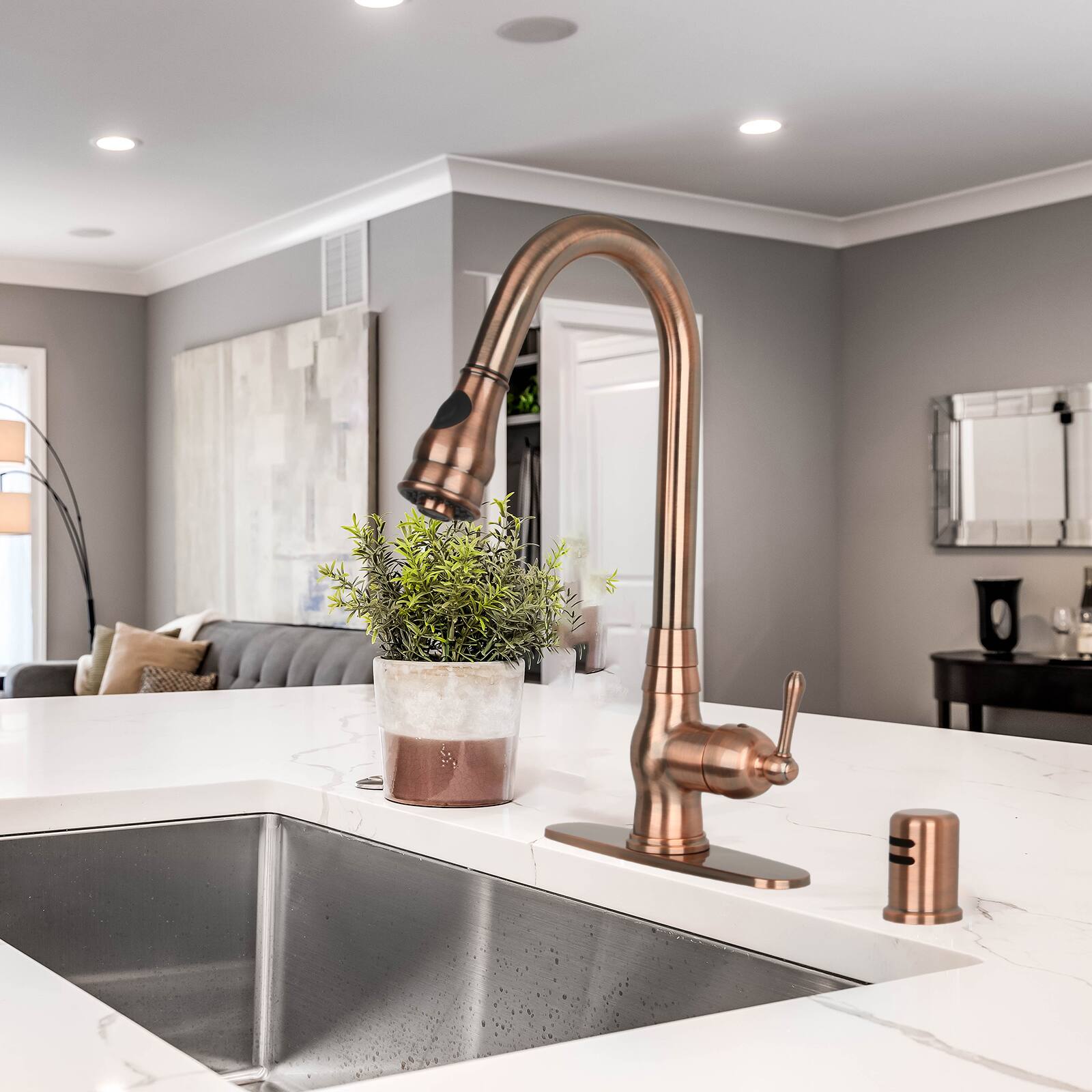 Alt View 5. Akicon - Akicon Solid Brass One-Handle Kitchen Faucet with Pull Down Sprayer in Antique Copper - Antique Copper.