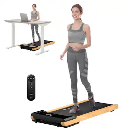 Front. Soozier - Wood Walking Pad, 2.5HP Under Desk Treadmill with Remote Control, Transport Wheels and LED Display - Black and Natural.