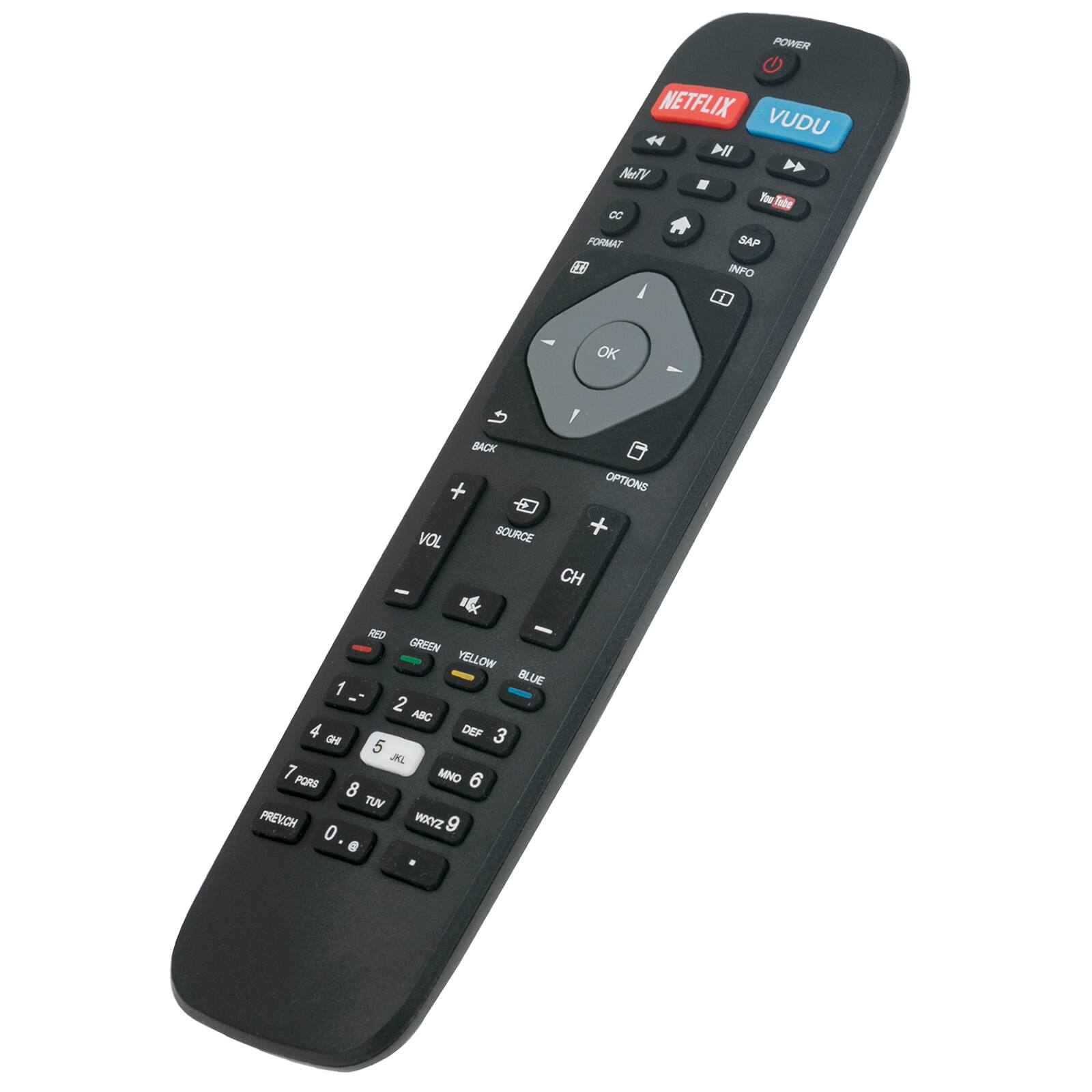 POWER NETFLIX VUDU NeTV FORMAT SAP INFO OK BACK OPTIONS SOURCE VOL CH RED GREEN YELLOW BLUE 1 2 ABC 4 DEF 3 5 JKL 7 PORS MNO 8 TUV FREVCH WXYZ 0