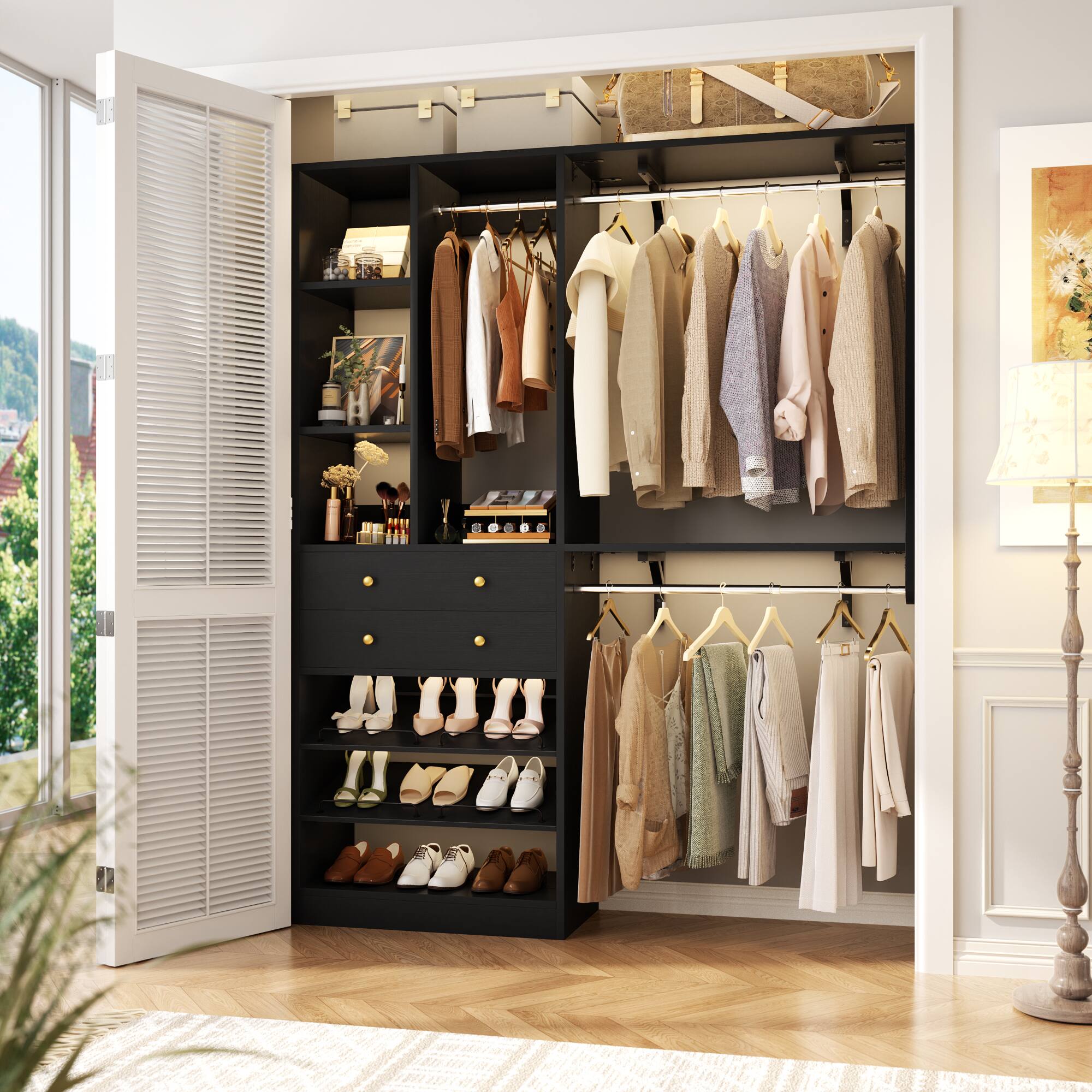 Front. Aheaplus - Heavy Duty Closet Organizer with Drawers and Hanging Rods, Wardrobe System with Adjustable Shoe Racks, Wall Mounted - Black.