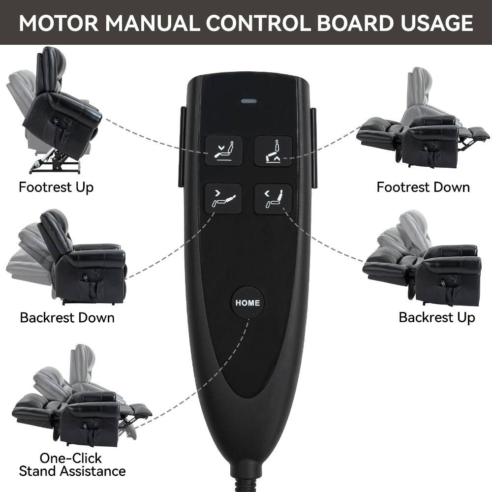 MOTOR MANUAL CONTROL BOARD USAGE

- Footrest Up
- Footrest Down
- Backrest Down
- HOME
- Backrest Up
- One-Click Stand Assistance