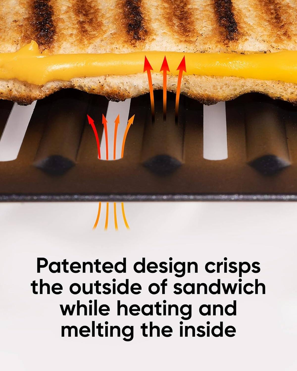 Patented design crisps the outside of sandwich while heating and melting the inside.