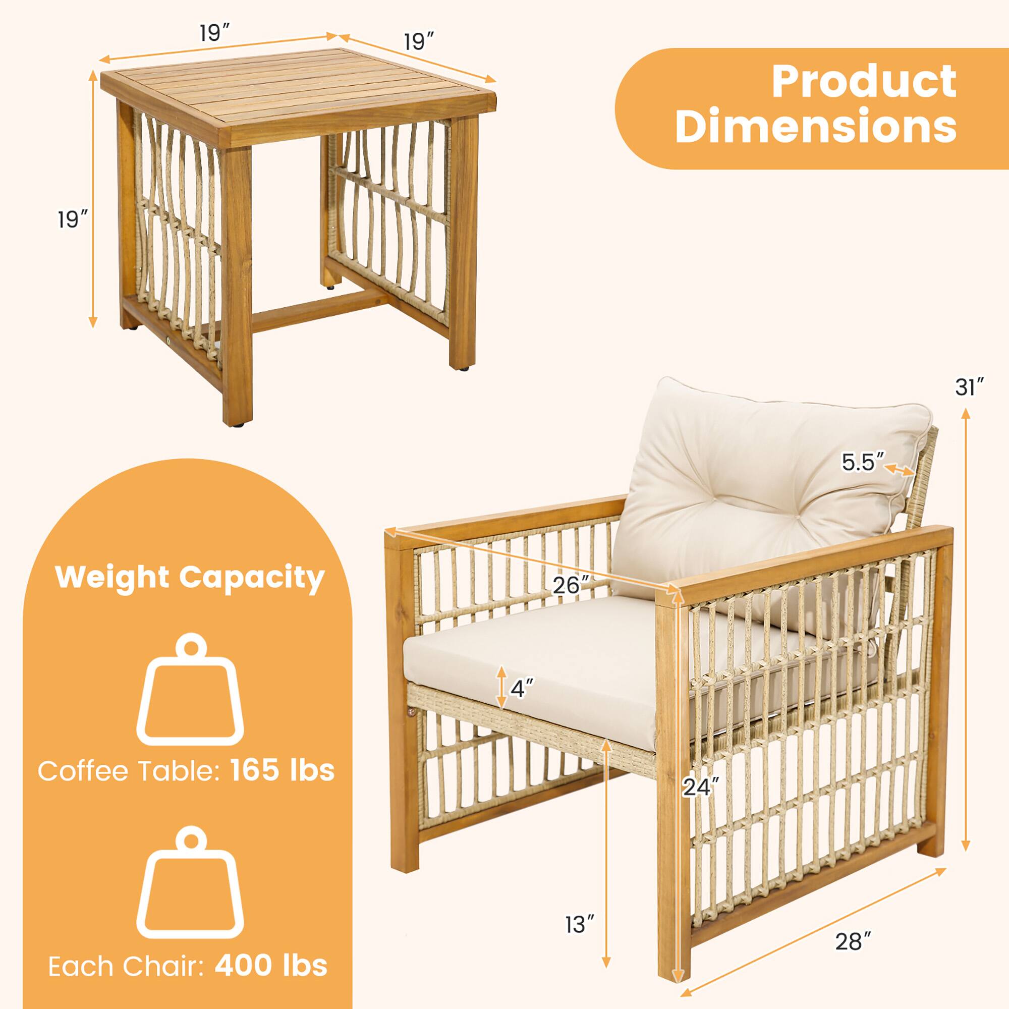 Product Dimensions: 19", 19", 19", 31", 5.5", 26", 4", 24", 13", 28"

Weight Capacity: Coffee Table: 165 lbs, Each Chair: 400 lbs