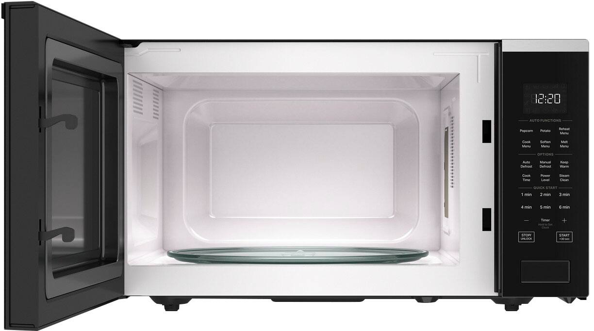 The text on the image reads:

12:20 AUTO FUNCTIONS Popcorn Potato Reheat Menu Cook Menu Steam Menu Meat Menu OPTIONS Auto Manual Defrost Defrost Keep Warm Cook Time Power Level Steam Clean QUICK START 1 min 2 min 3 min 4 min 5 min 6 min Timer Hold to Set Clock + 30 - Unlock Start