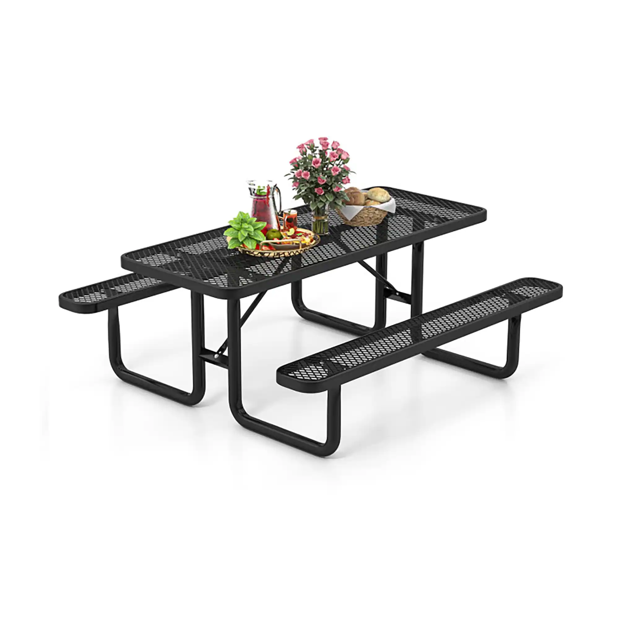 Front. Boyel Living - Outdoor Picnic Table and Bench Set for 8 Person with Seats and Mesh Grid - Black.