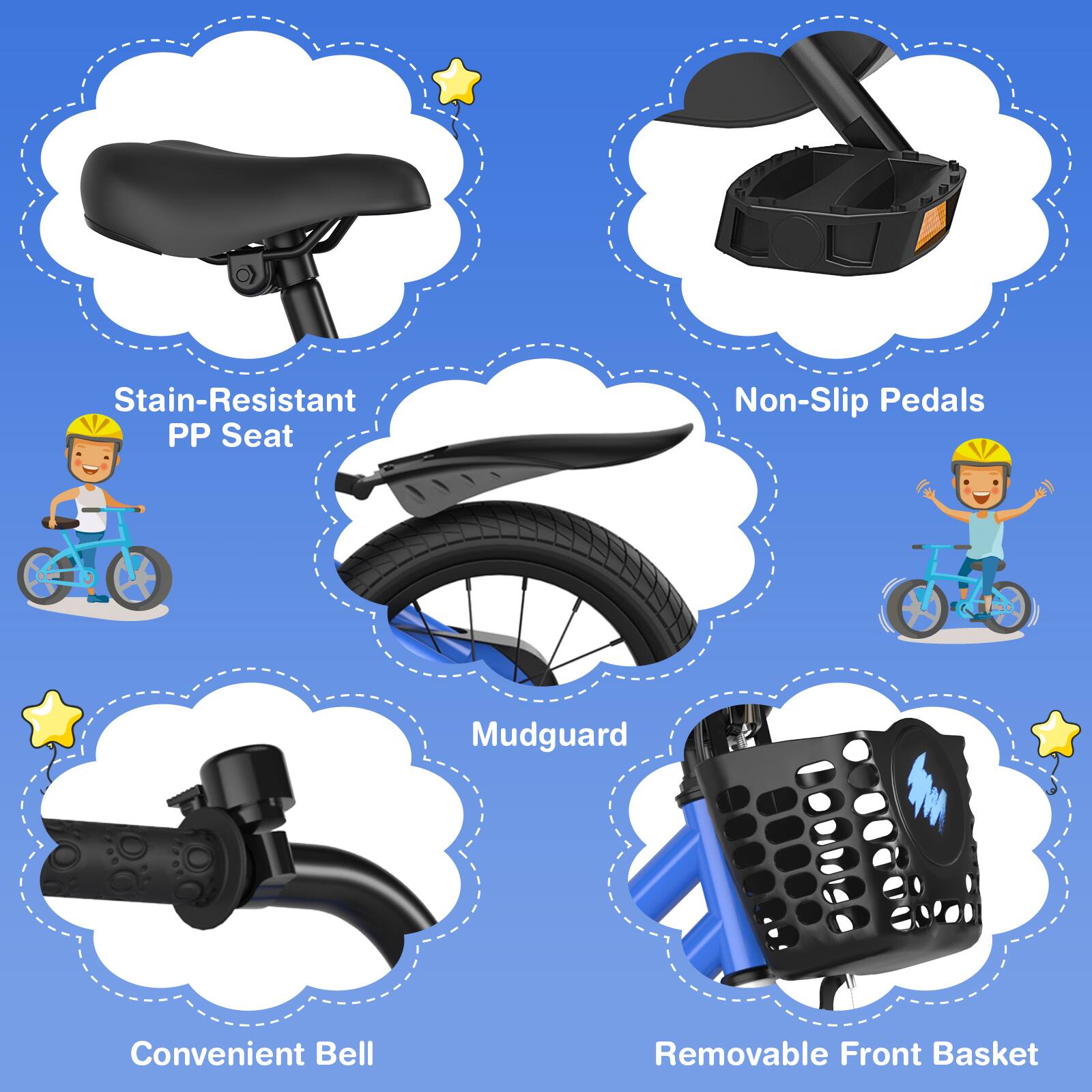 - Stain-Resistant PP Seat
- Non-Slip Pedals
- Mudguard
- Convenient Bell
- Removable Front Basket