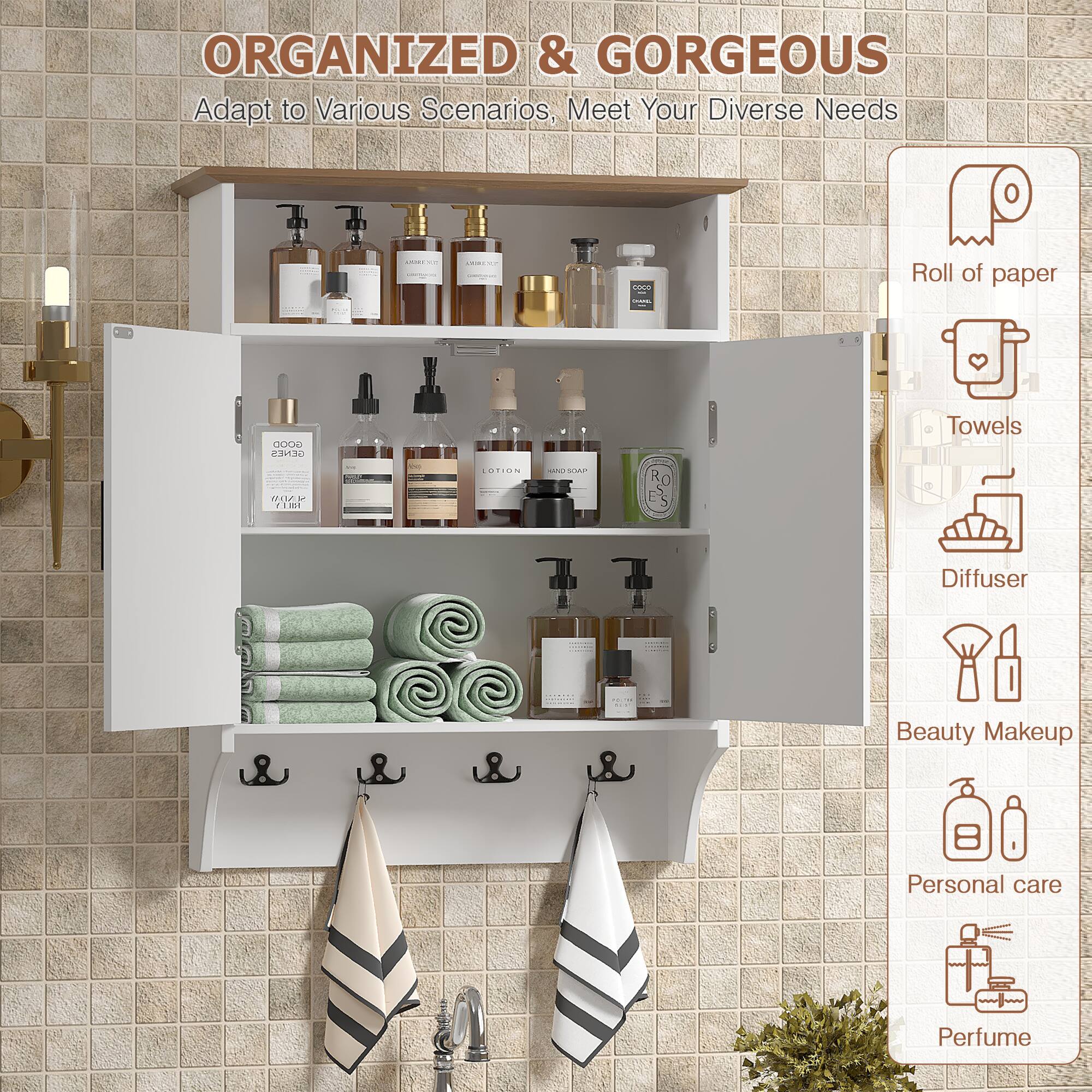 ORGANIZED & GORGEOUS  
Adapt to Various Scenarios, Meet Your Diverse Needs  

- Roll of paper  
- Towels  
- Diffuser  
- Beauty Makeup  
- Personal care  
- Perfume