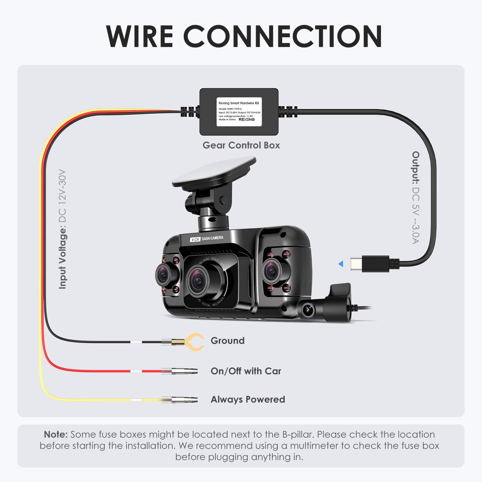 Wire Connection:
* Input: Gear Control Box AC DASH-CAMERA w/ 1 Output: DC 5V - 3.0A
* Ground: On/Off with Car Always Powered
Note: Some fuse boxes might be located next to the B-pillar. Please check the location before starting the installation. We recommend using a multimeter to check the fuse box before plugging anything in.