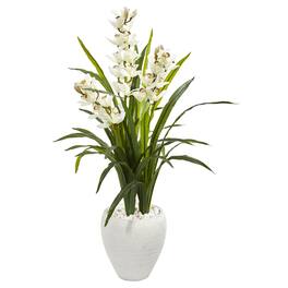 BreeBe - 4' Cymbidium Orchid Artificial Plant in White Planter - Green