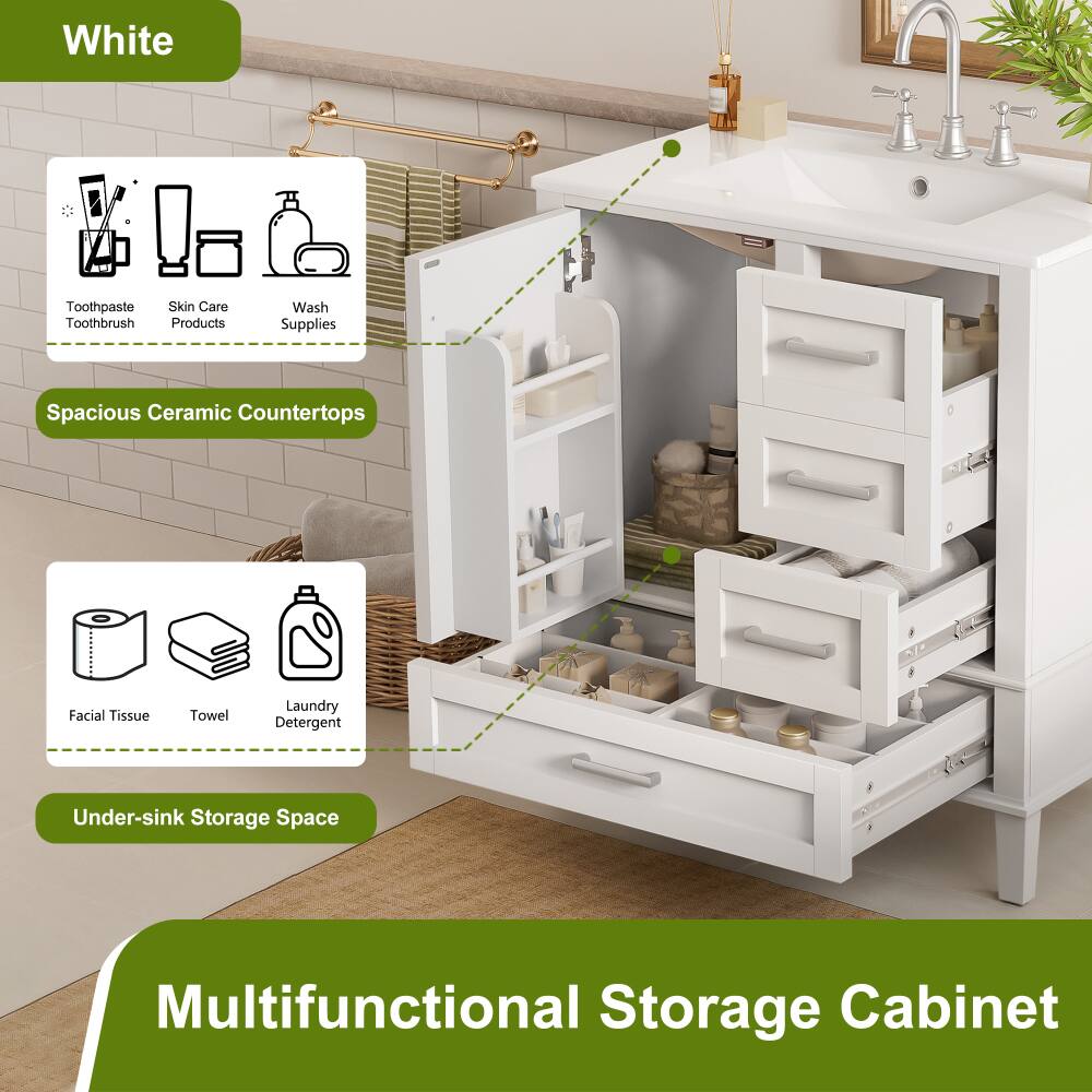 White  
Toothpaste Toothbrush  
Skin Care Products  
Wash Supplies  

Spacious Ceramic Countertops  

Facial Tissue  
Towel  
Laundry Detergent  

Under-sink Storage Space  

Multifunctional Storage Cabinet