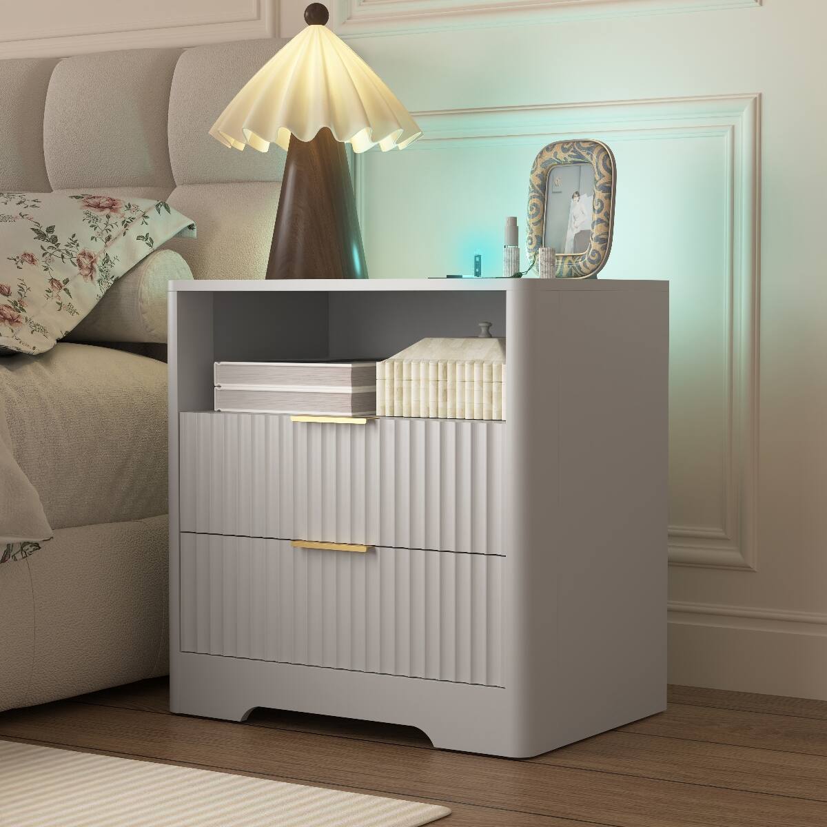 Alt View 9. Loheer - Loheer Nightstand with Charging Station and Voice Controlled Night Light, White Storage Cabinet - White.