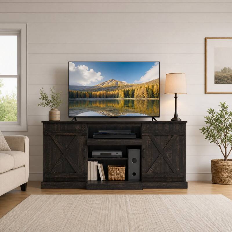 Angle. WELLFOR - Farmhouse TV stand for TVs up to 65", Entertainment Center with LED Light & Barn Door - Coffee.