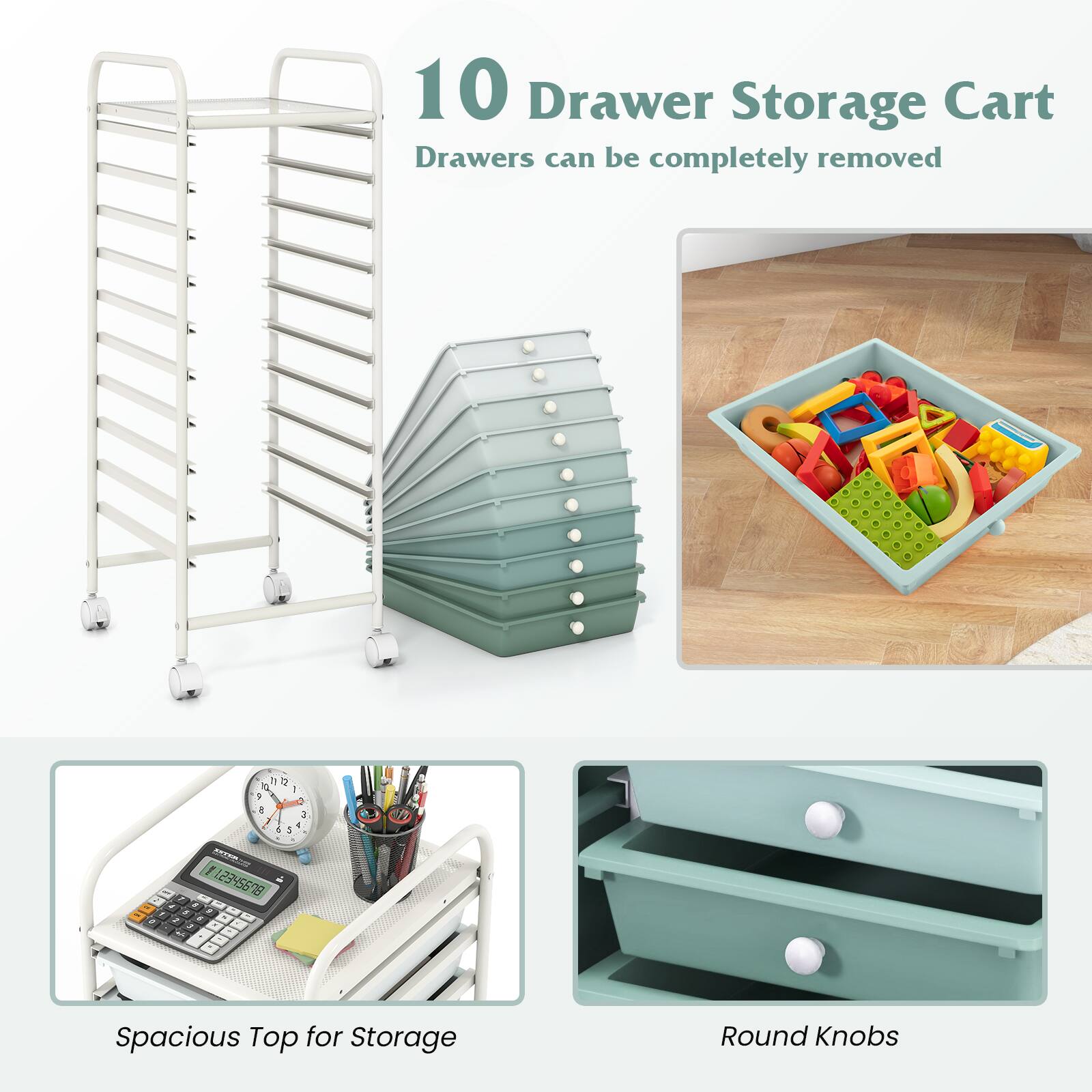 10 Drawer Storage Cart  
Drawers can be completely removed  

Spacious Top for Storage  

Round Knobs