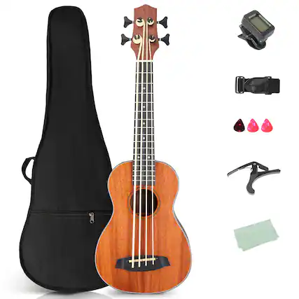 Front. Winado - Electric Acoustic Bass Ukulele, 30 inch Mahogany Ukelele with EQ, Professional E-A-D-G Ideal for Performances and Practi.