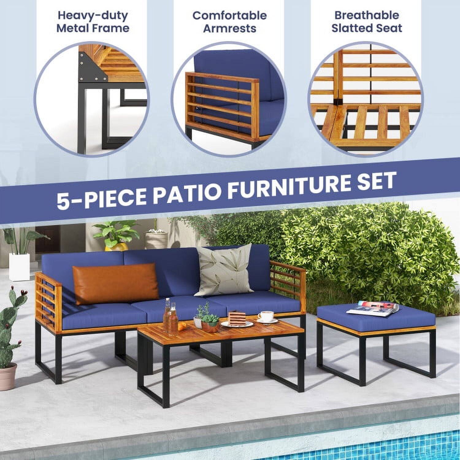 Heavy-duty Metal Frame  
Comfortable Armrests  
Breathable Slatted Seat  

5-PIECE PATIO FURNITURE SET