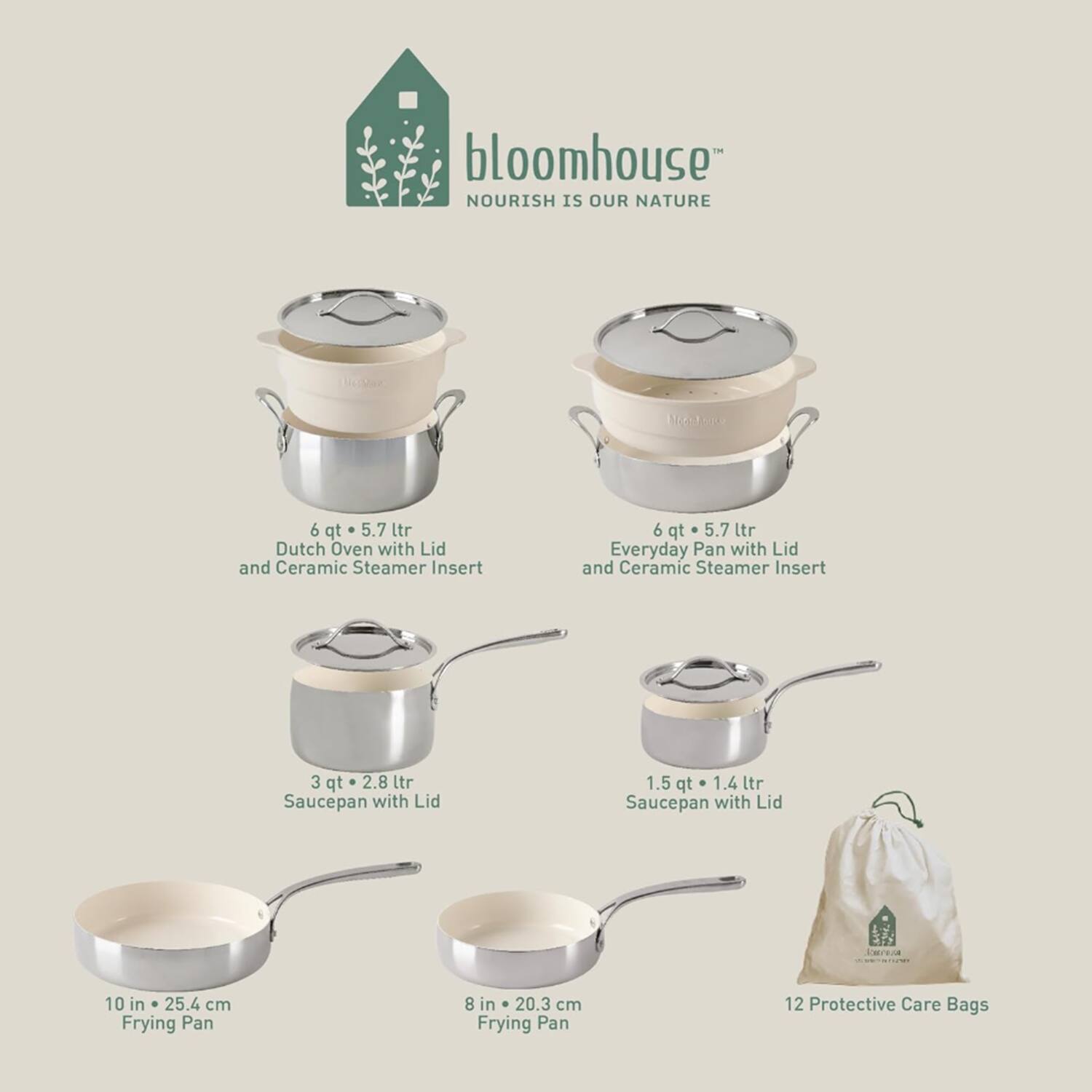bloomhouse  
NOURISH IS OUR NATURE  

6 qt 5.7 Ltr Dutch Oven with Lid and Ceramic Steamer Insert  
6 qt 5.7 Ltr Everyday Pan with Lid and Ceramic Steamer Insert  
3 qt 2.8 Ltr Saucepan with Lid  
1.5 qt 1.4 ltr Saucepan with Lid  
10 in 25.4 cm Frying Pan  
8 in 20.3 cm Frying Pan  
12 Protective Care Bags