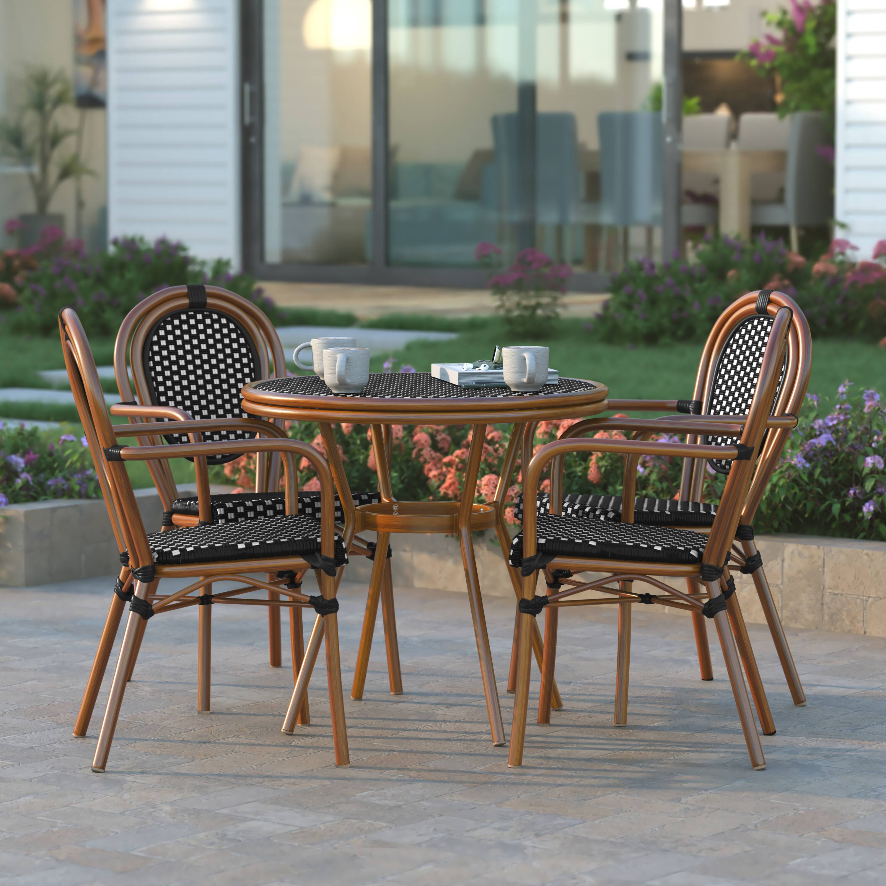 Alt View 3. Emma + Oliver - Colmar Indoor/Outdoor Bistro Style 31.5 in. Table with PE Rattan, Glass Top, and Four Chairs - Metal Frame - Black & White Rattan/Natural Frame.