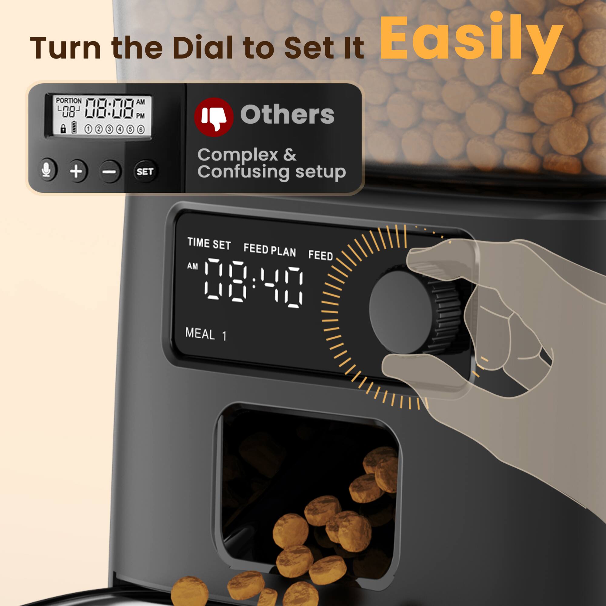 Turn the Dial to Set It Easily

Others
Complex & Confusing setup

TIME SET FEED PLAN FEED
AM 08:40 MEAL 1