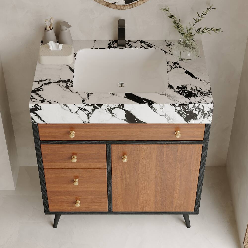 Left. Loheer - Loheer 30 inch freestanding bathroom vanity with sintered stone vanity top and ceramic sink - Walnut.