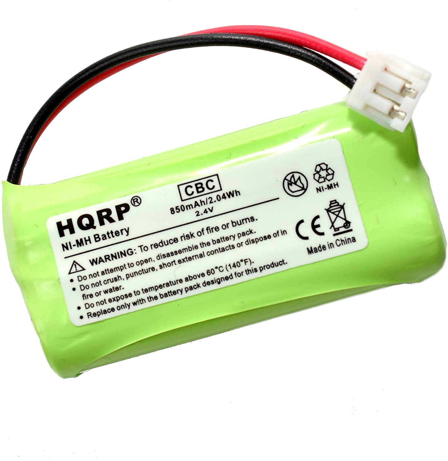 CBC NI-MH 850mAh/2.04Wh 2.4V HQRP Battery

NI-MH Battery

WARNING: To reduce risk of fire or burns. Do not attempt to open, disassemble the battery pack. Do not crush, puncture, short external contacts or dispose of in fire or water. Do not expose to temperature above 60°C (140°F). Replace only with the battery pack designed for this product.

Made in China