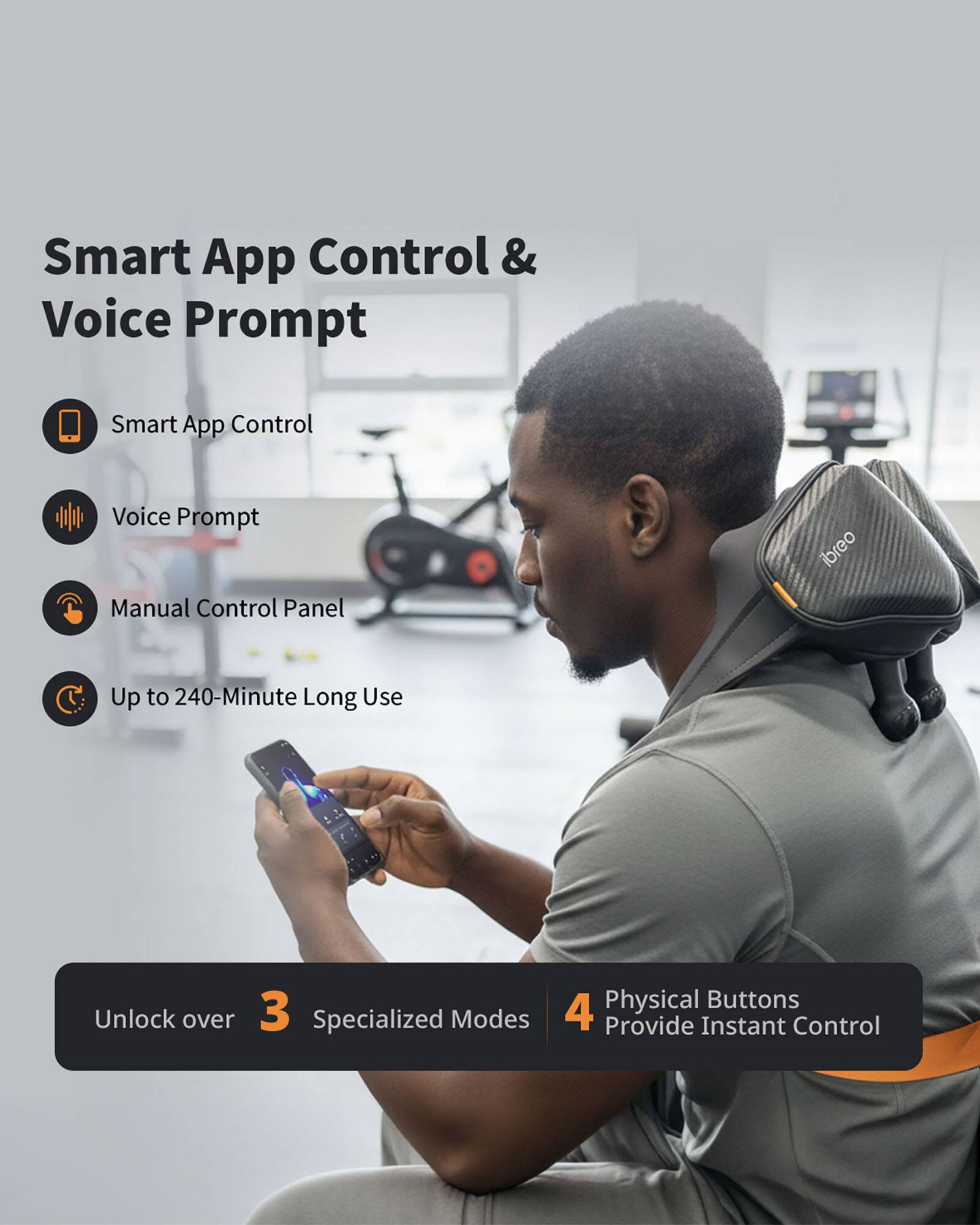 Smart App Control & Voice Prompt

- Smart App Control
- Voice Prompt
- Manual Control Panel
- Up to 240-Minute Long Use

Unlock over 3 Specialized Modes

4 Physical Buttons Provide Instant Control