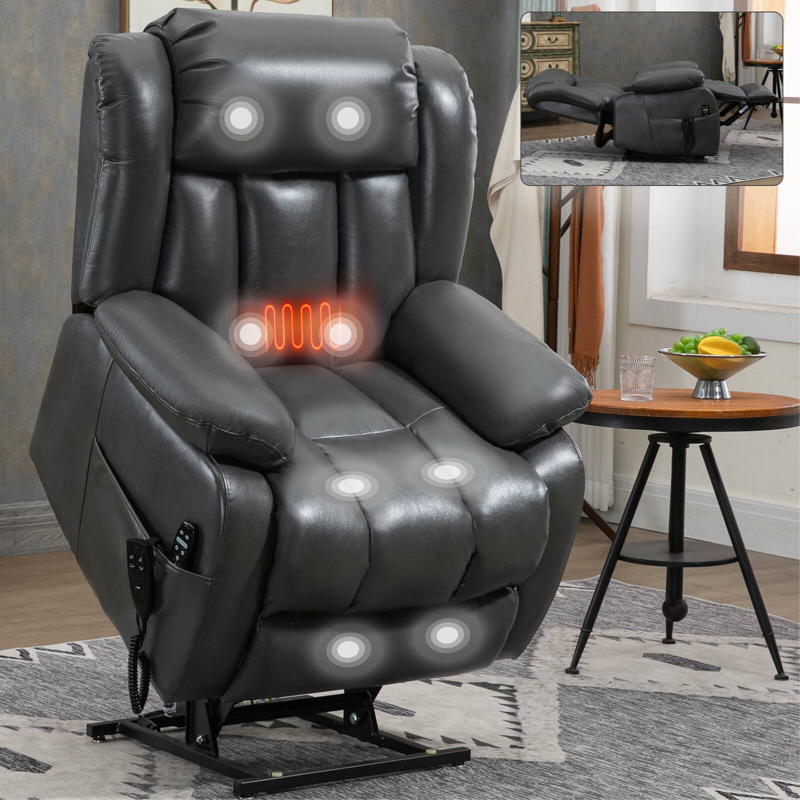Alt View 6. LUCKY ONE - Faux Leather Dual Motor Power Lift Recliner Chair with Massage and Heat, Infinite Position, Power-Remote - Grey.