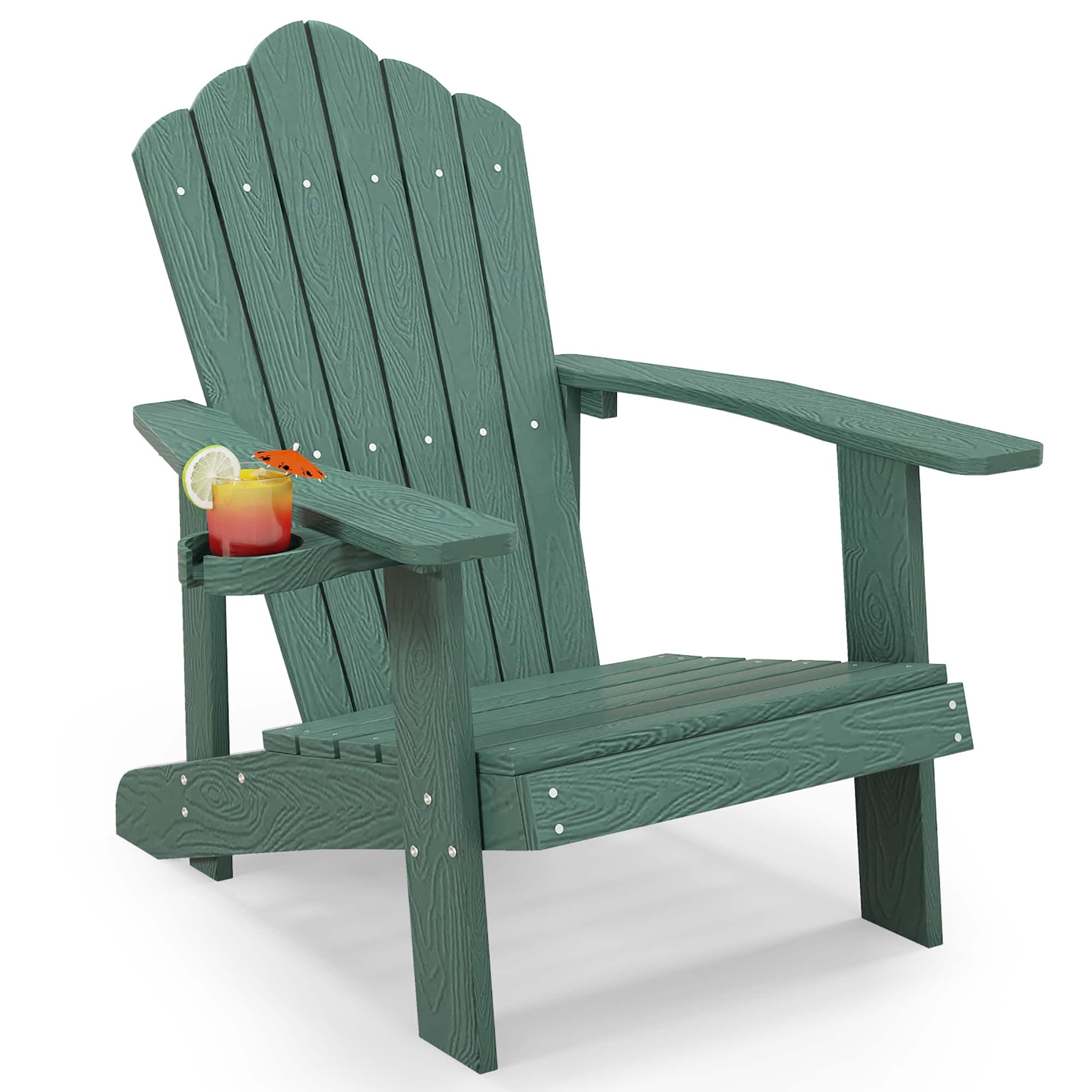 Gymax - Patio HIPS Outdoor Weather Resistant Slatted Chair Adirondack Chair w/ Cup Holder - Dark Green