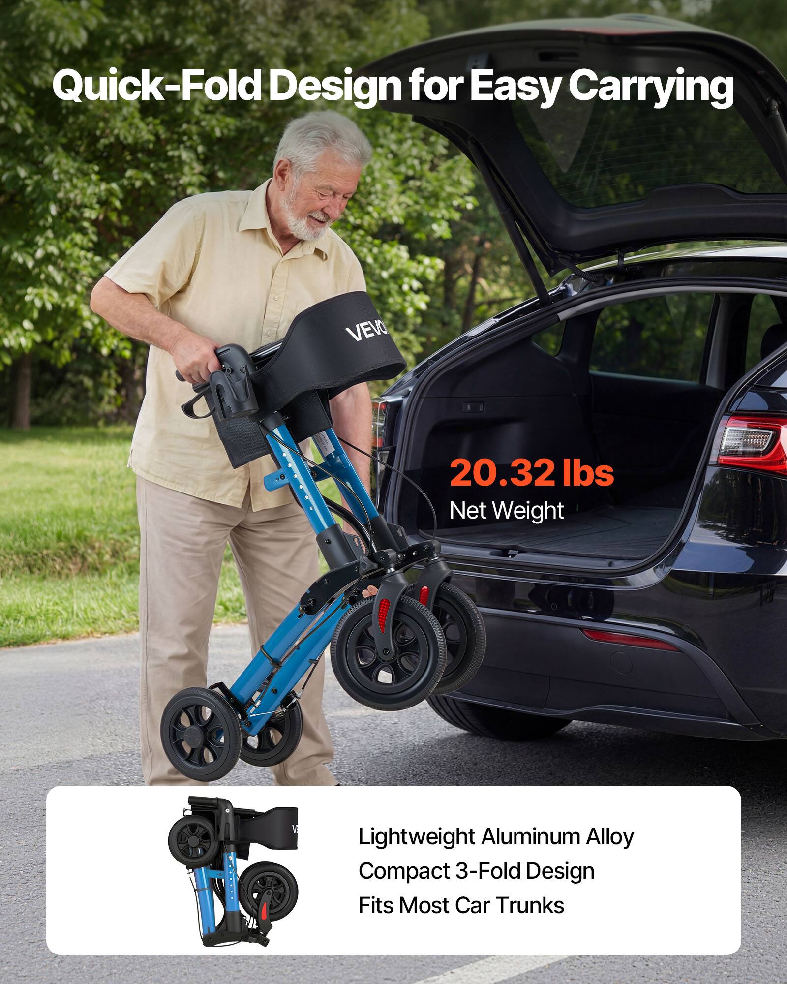 Quick-Fold Design for Easy Carrying

20.32 lbs Net Weight

Lightweight Aluminum Alloy
Compact 3-Fold Design
Fits Most Car Trunks