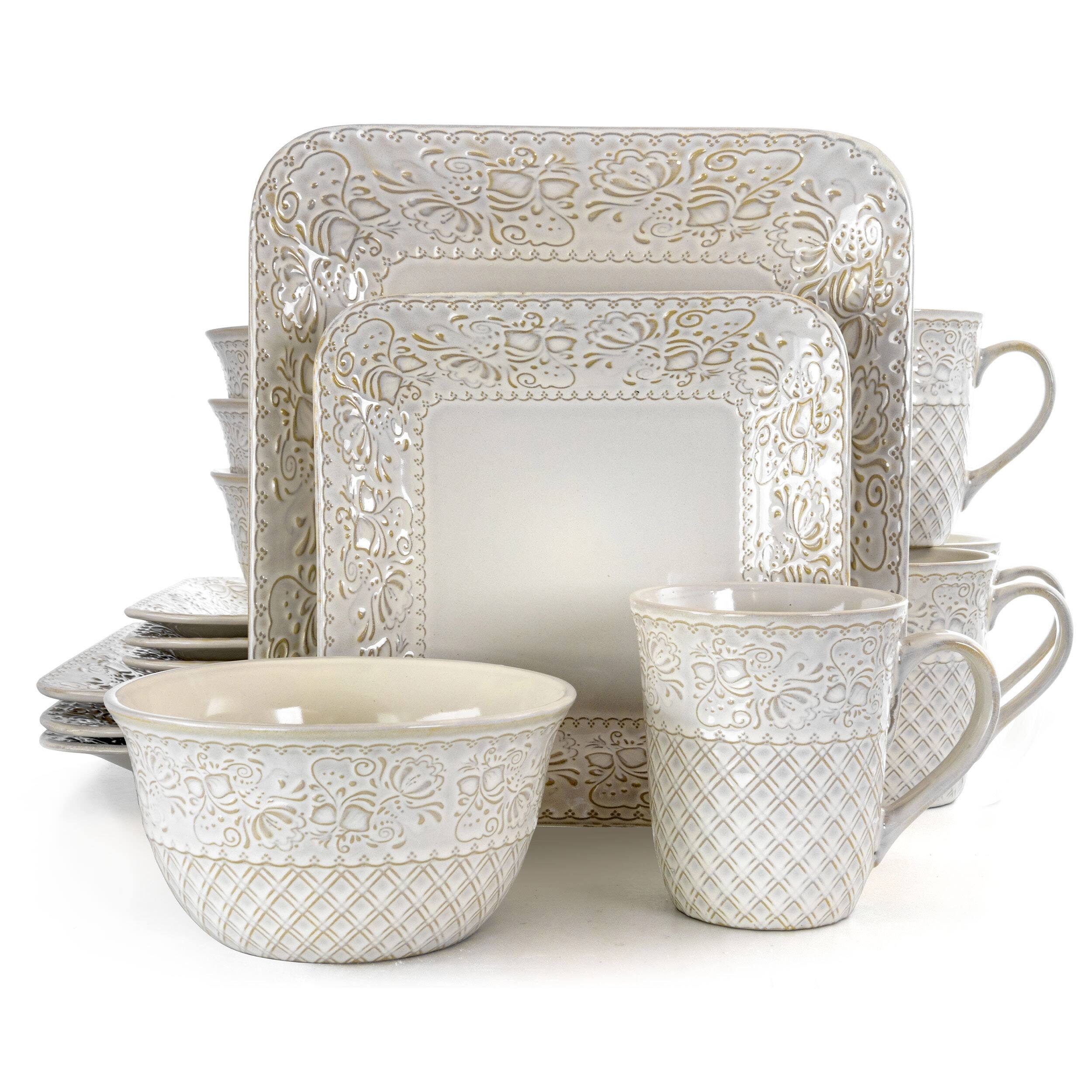 Alt View 2. Elama - Elama Ivory Lotus 16 Piece Square Dinnerware Set - Ivory.