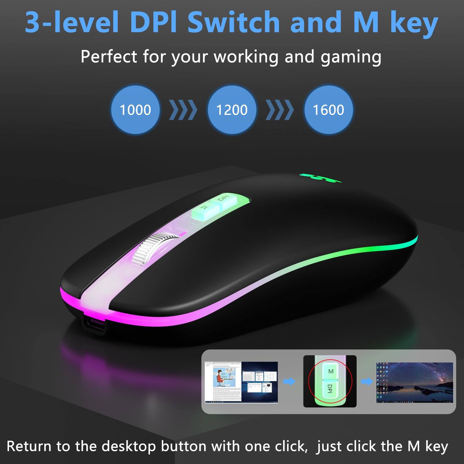 3-level DPI Switch and M key  
Perfect for your working and gaming  

1000 1200 1600  

Return to the desktop button with one click, just click the M key