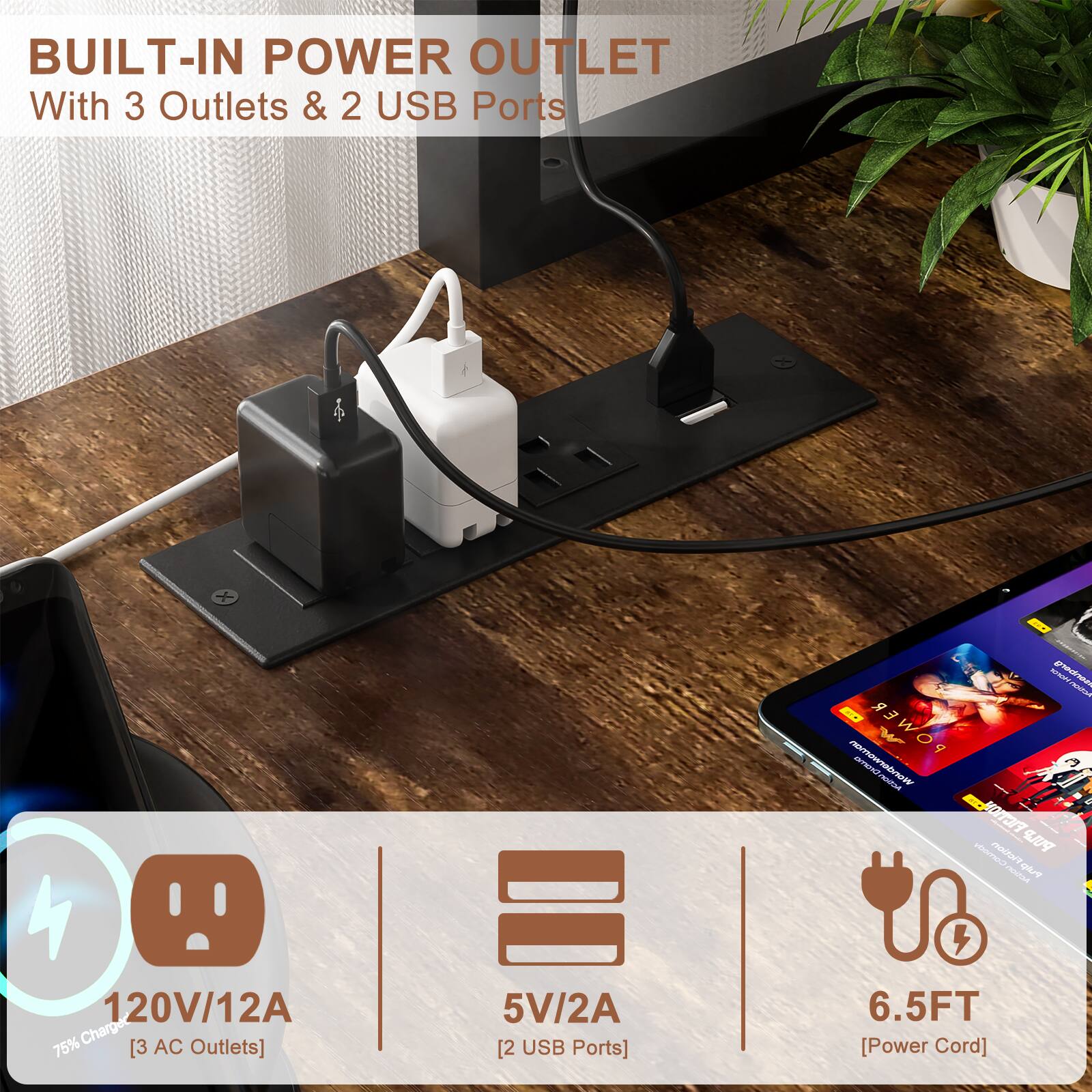 BUILT-IN POWER OUTLET  
With 3 Outlets & 2 USB Ports  

- STEM ED POWER  
- PULP 120V/12A  
- 75% Charged  
- AC [3 Outlets]  
- 5V/2A [2 USB Ports]  
- 6.5FT [Power Cord]