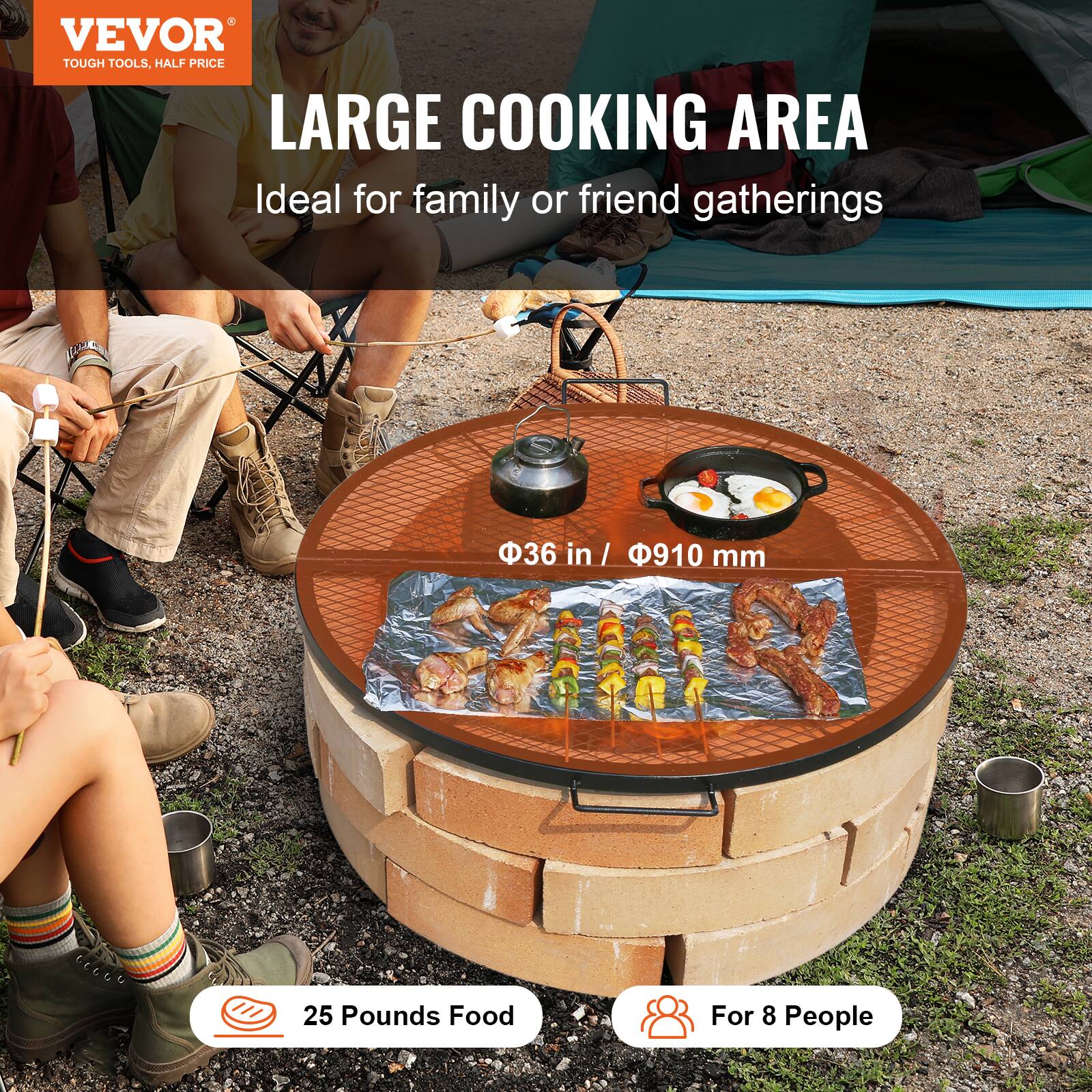 VEVOR TOUGH TOOLS. HALF PRICE LARGE COOKING AREA Ideal for family or friend gatherings 36 in / 910 mm 25 Pounds Food For 8 People