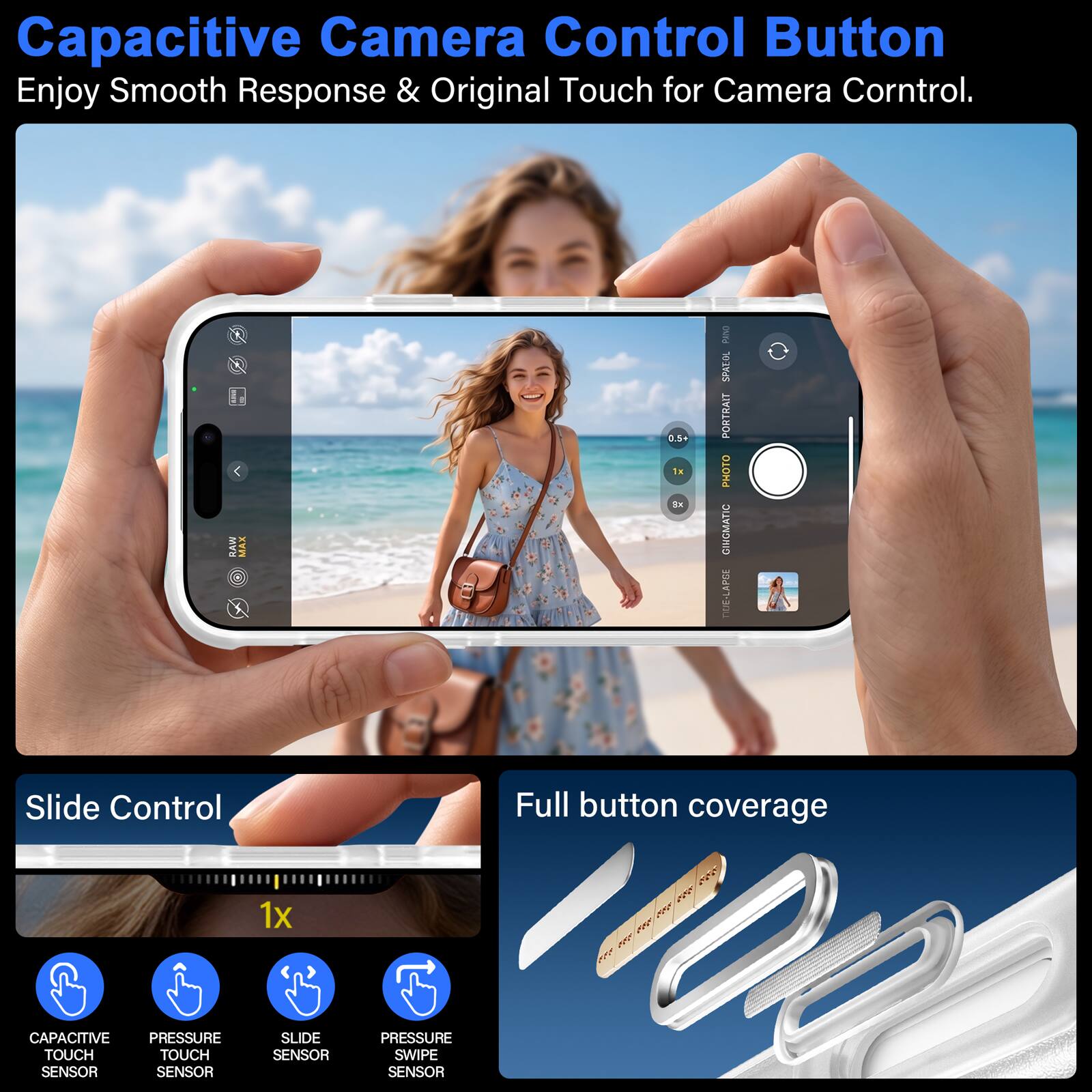 Capacitive Camera Control Button  
Enjoy Smooth Response & Original Touch for Camera Control.

BOOKEUP RAW  
MAX  
0.5+ 1x 3x  
DAIRS SPATOL PORTRAIT PHOTO GINGMATIC NUE-LAPOE

Slide Control  
Full button coverage  
1x

CAPACITIVE PRESSURE TOUCH TOUCH SENSOR SENSOR  
SLIDE SENSOR  
PRESSURE SWIPE SENSOR