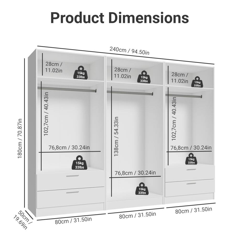 Product Dimensions

- 240cm / 94.50in
- 28cm / 11.02in
- 180cm / 70.87in
- 102.7cm / 40.43in
- 76.8cm / 30.24in
- 50cm / 19.69in
- 80cm / 31.50in
- 15kg / 33lbs

- 28cm / 11.02in
- 180cm / 70.87in
- 102.7cm / 40.43in
- 76.8cm / 30.24in
- 80cm / 31.50in
- 15kg / 33lbs

- 28cm / 11.02in
- 138cm / 54.33in
- 76.8cm / 30.24in
- 80cm