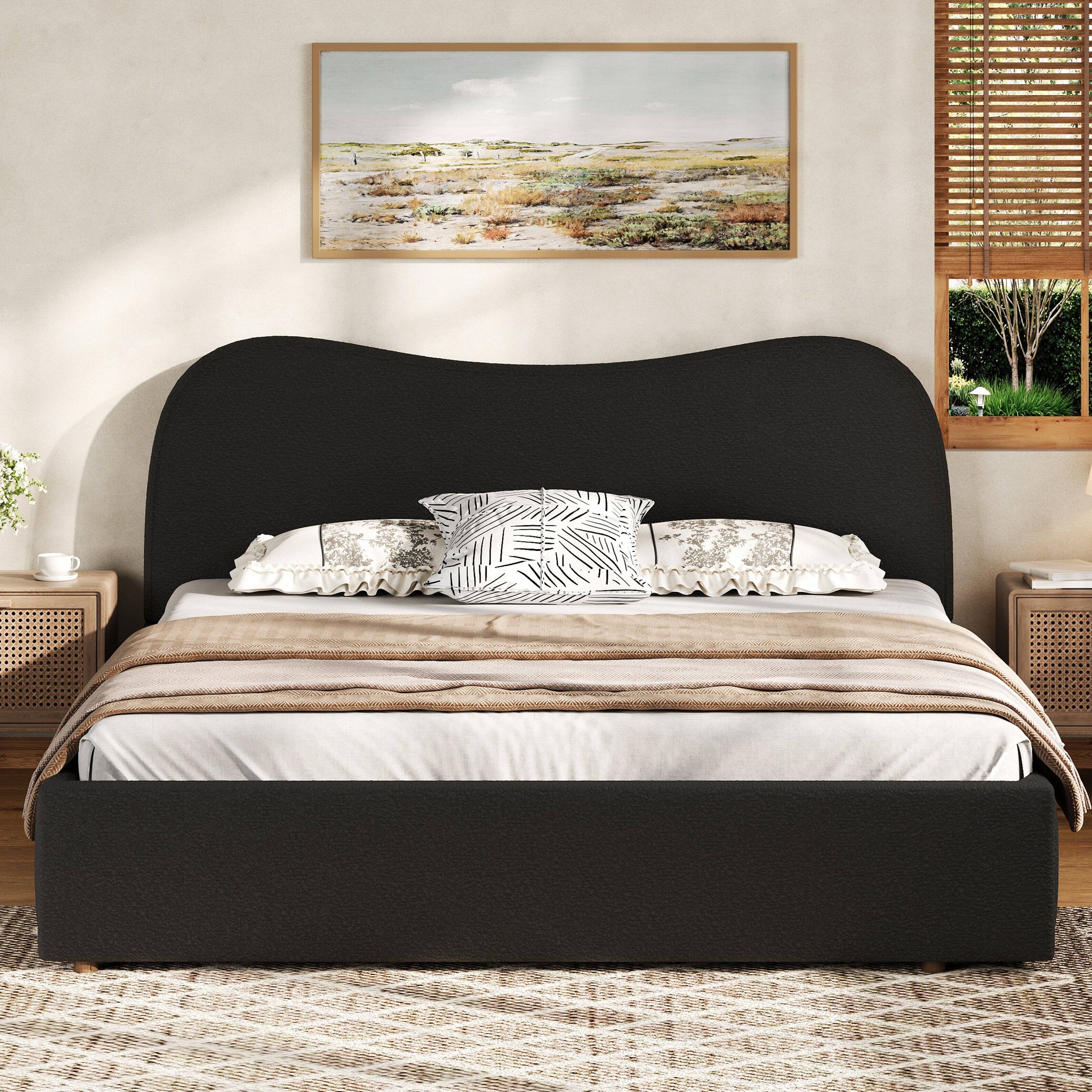 Angle. Whisen - King Size Upholstered Platform Bed Frame with Curved Headboard, Bouclé Fabric Bed for Modern Bedroom - Black.