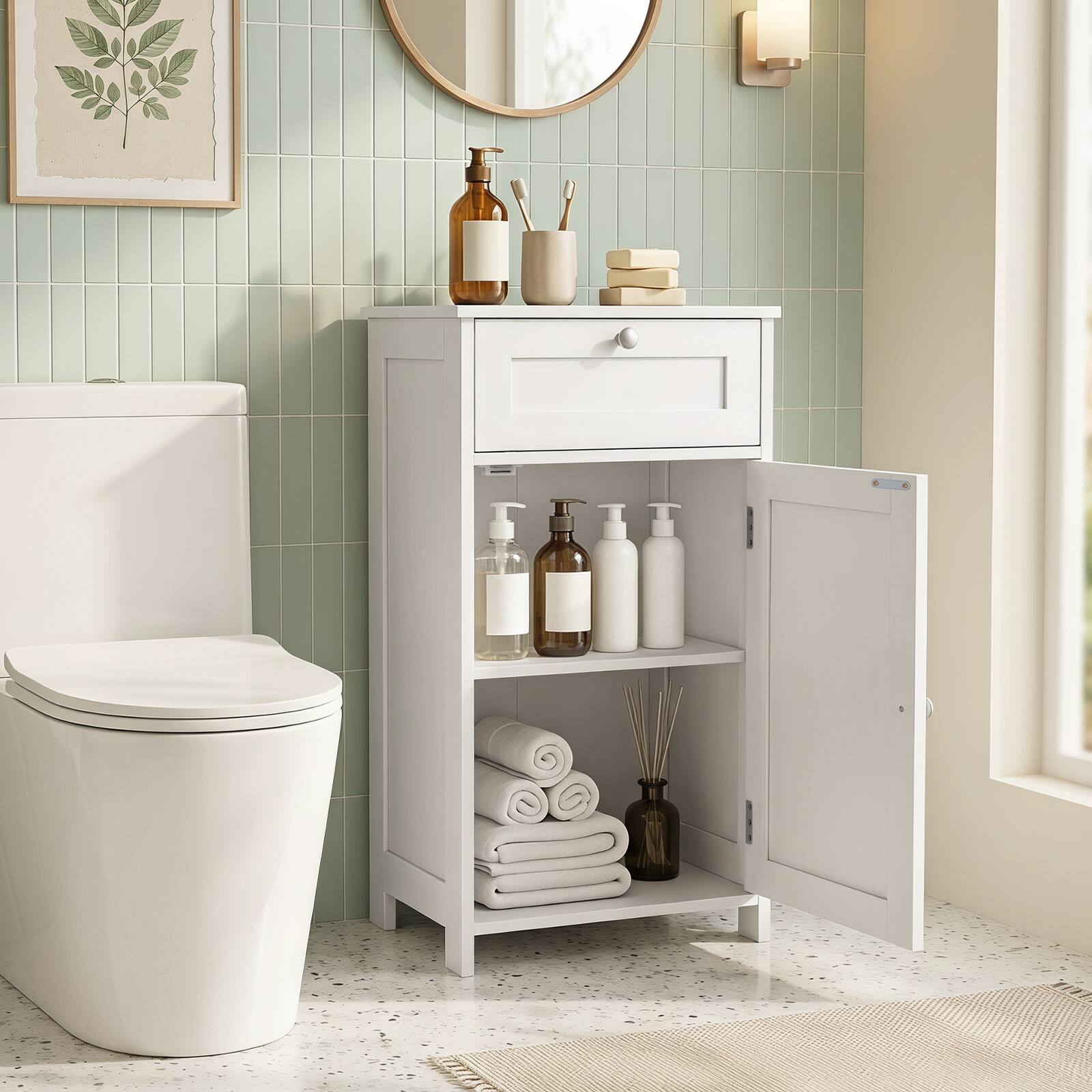Alt View 3. Costway - Costway Floor Storage Cabinet Bathroom Organizer Cupboard Drawer Shelf Bath Towel White - White.