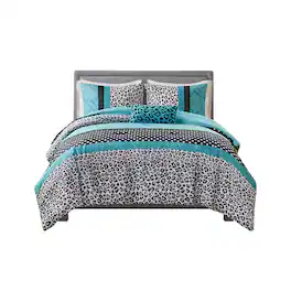 Gracie Mills - Butler 4-Piece Chic Leopard and Polka Dot Comforter Set - Teal