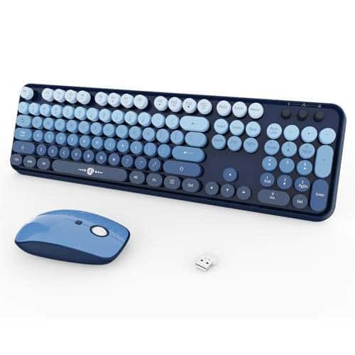 Cedar Assembly - Wireless Mouse Combo 104 Round Keys Cute Colorful Retro Typewriter Style Full Size With Number Pad&mouse 3 - V2020 Blue Colorful
