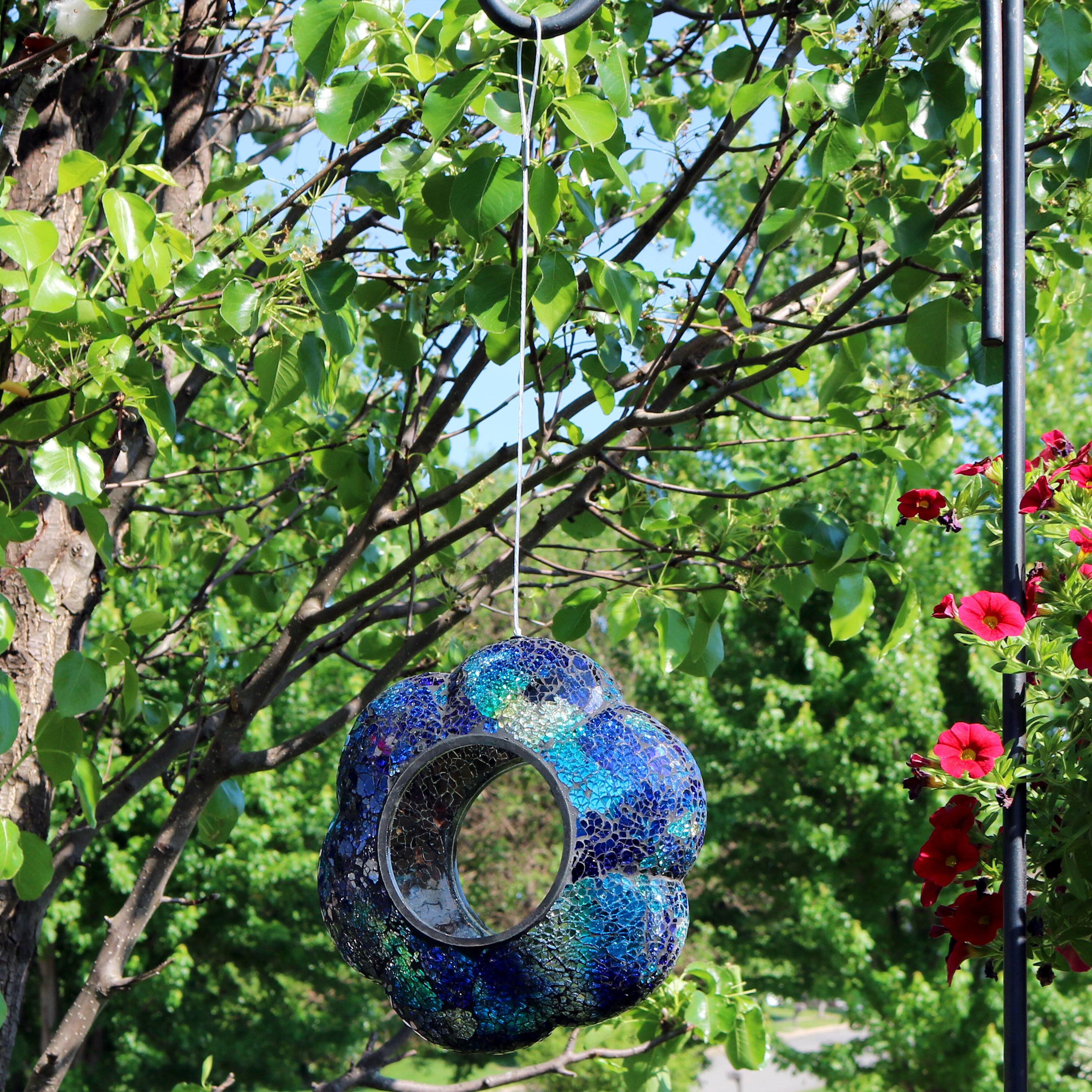 Alt View 10. Sunnydaze - Glass Fly-Through Hanging Bird Feeder - 10 in - Indigo Flower Mosaic.