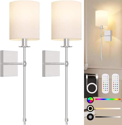 Front. Nordic Hygge - 27 Inch Battery Operated Wall Sconces Set of 2 with Remote, Brushed Nickel Rechargeable Wireless Wall Lights - Brushed Nickel and White.