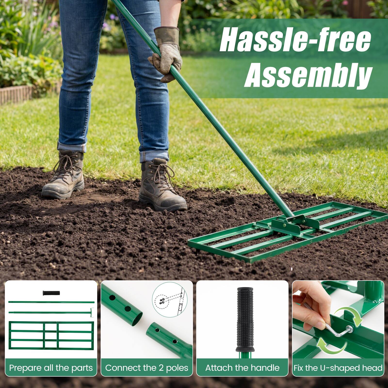 Hassle-free Assembly

1. Prepare all the parts
2. Connect the 2 poles
3. Attach the handle
4. Fix the U-shaped head