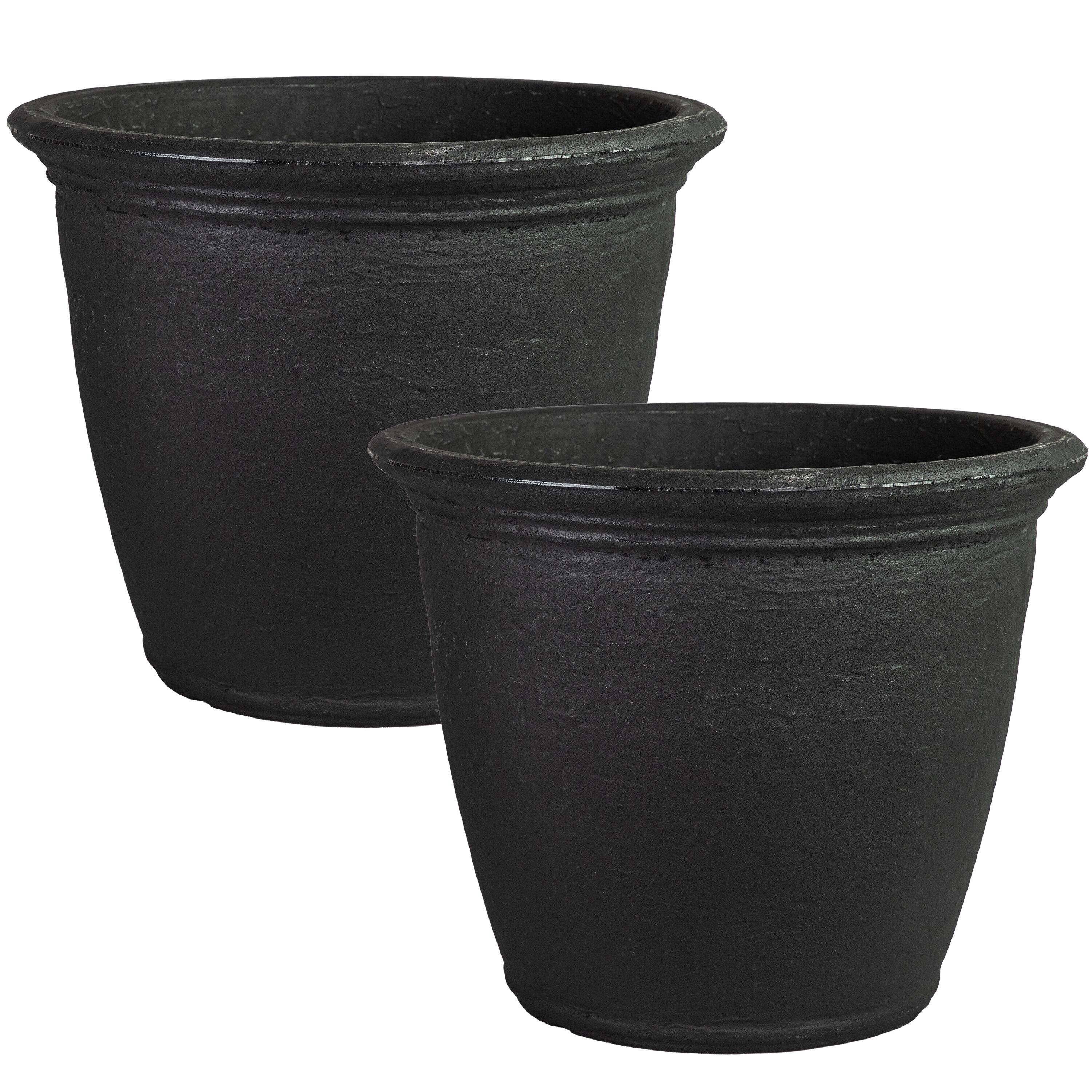 Front. Sunnydaze - 24 in Anjelica Dual-Wall Polyresin Planter - Set of 2 - Matte Black.
