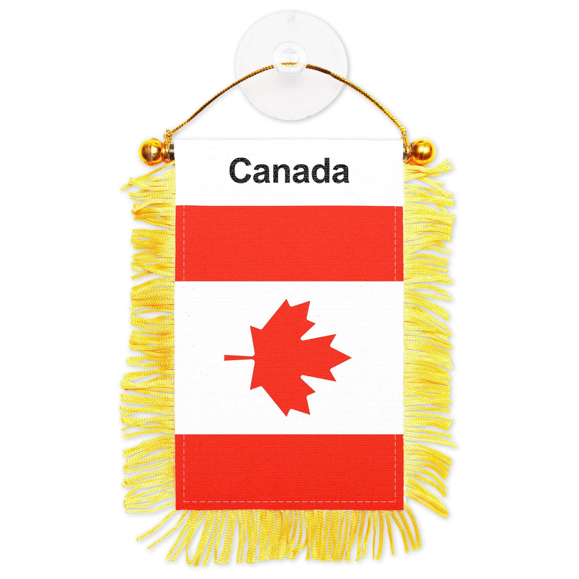 G128 - Canada Fringed Flag 3x5 in Double-Sided with Gold Fringe, Suction Cup & Rearview Mirror Hanger - Red/White/Yellow