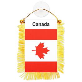 G128 - Canada Fringed Flag 3x5 in Double-Sided with Gold Fringe, Suction Cup & Rearview Mirror Hanger - Red/White/Yellow