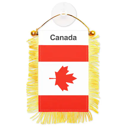 Front. G128 - Canada Fringed Flag 3x5 in Double-Sided with Gold Fringe, Suction Cup & Rearview Mirror Hanger. - Red/White/Yellow.