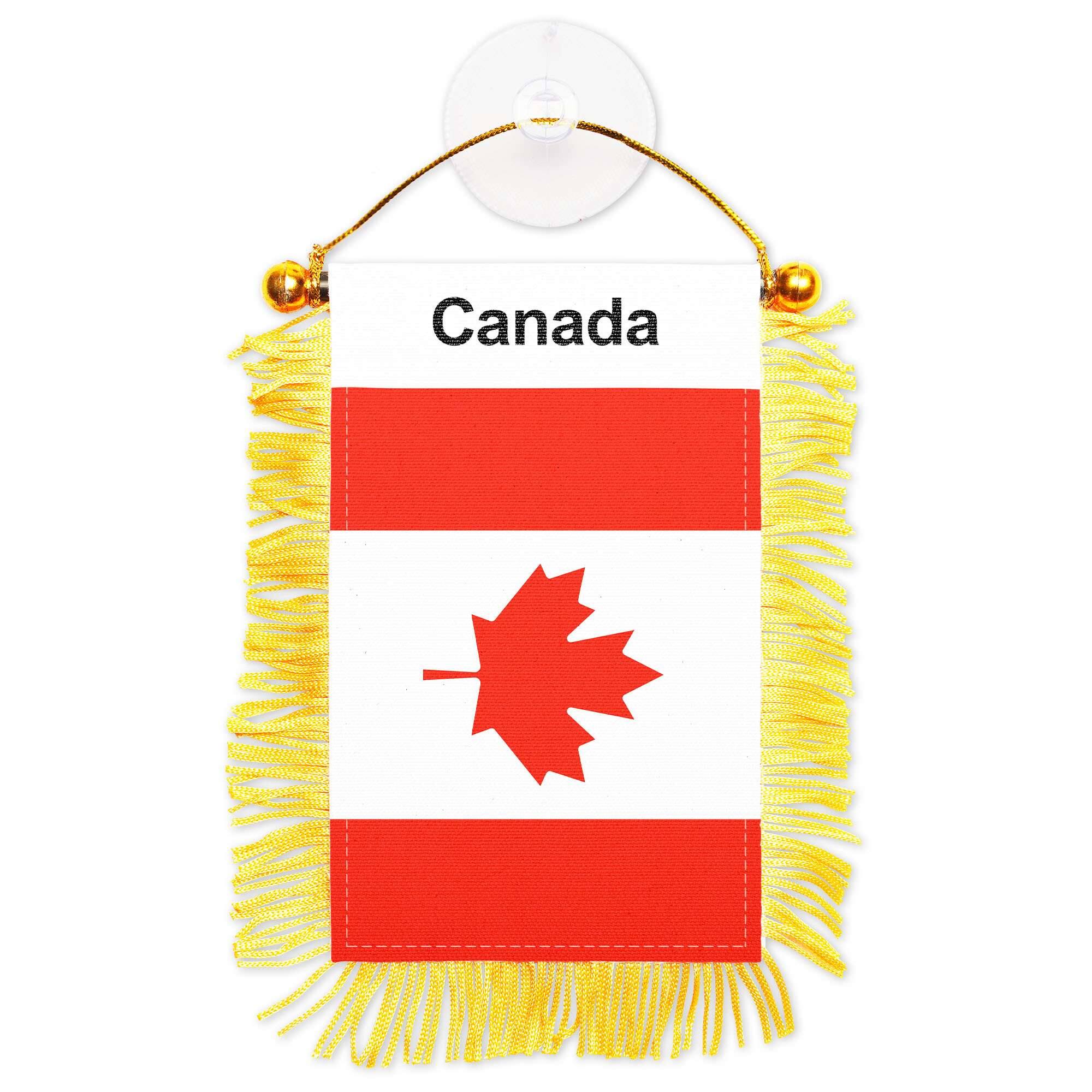 Front. G128 - Canada Fringed Flag 3x5 in Double-Sided with Gold Fringe, Suction Cup & Rearview Mirror Hanger. - Red/White/Yellow.
